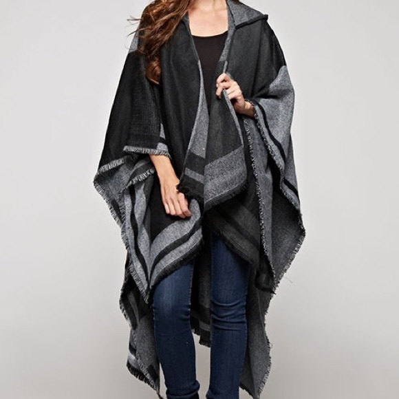 Black & Gray Plaid Scarf Fringe Hooded Poncho - Picture 2 of 5